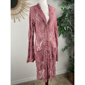 Vtg Newport News L Duster Cardigan Pink Lace Cottagecore Fairy Flared Sleeve